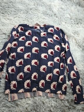 LOFT Navy Cardigan with Cream and Burgundy Floral Motif